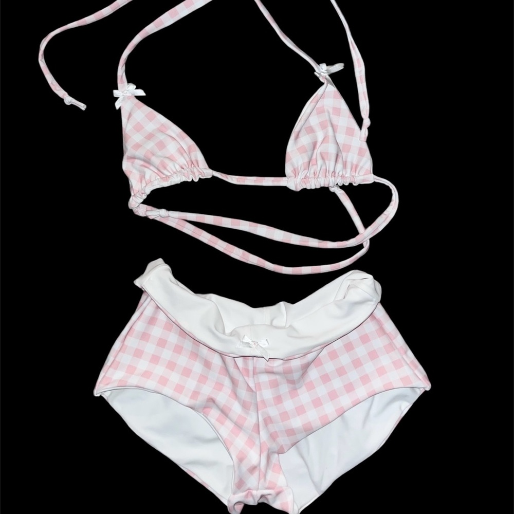 Pink gingham swim shorts and triangle top. Burdash bikini